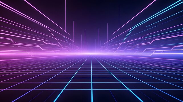 Immersive neon digital grid tunnel with vibrant pink and blue light streams, perfect for futuristic tech concepts and abstract backgrounds.
