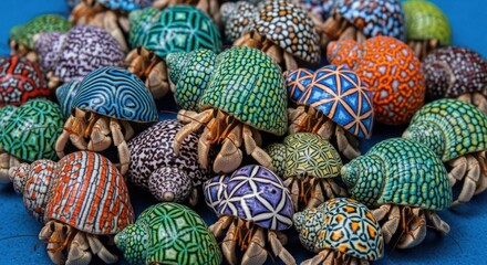 A vibrant, close-up, overhead view of a large group of hermit crabs with intricately patterned shells