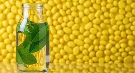 A clear bottle with green leaves and liquid sits on a yellow, pebble-textured surface