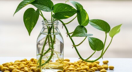 Green plant cuttings rooting in a clear glass bottle amidst yellow beans
