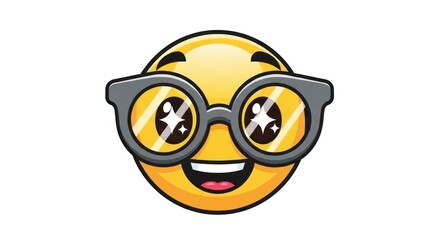 Animated yellow face with large, sparkling eyes and thick glasses