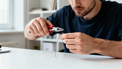 Electrician using pliers to grip and cut electrical wire at desk