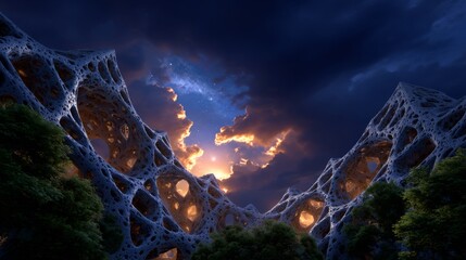 Otherworldly Fractal Mountain Peaks Under a Dramatic Sunset Sky with Stars and Clouds