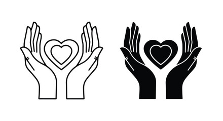 Hands holding heart symbol line art and silhouette icons care love charity - Line and glyph icon and logo - Vector icon symbol for website - Icon vector