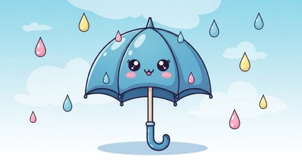 Adorable blue umbrella with a happy face in gentle colorful rain