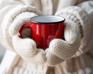 Cozy hands in warm winter mittens gently hold a vibrant red mug, inviting comfort and warmth on a cold day