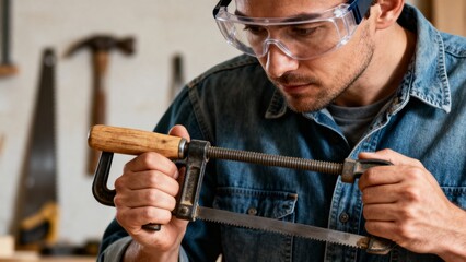 Focused man using hacksaw for cutting metal in carpentry workshop