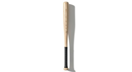 A wooden baseball bat with a black grip, casting a long shadow