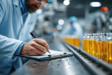 Woman in protective gear inspects medicine vials on a conveyor belt at a pharmaceutical factory for quality assurance and control purposes