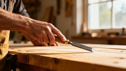 Man carving wooden board with chisel in sunlight workshop