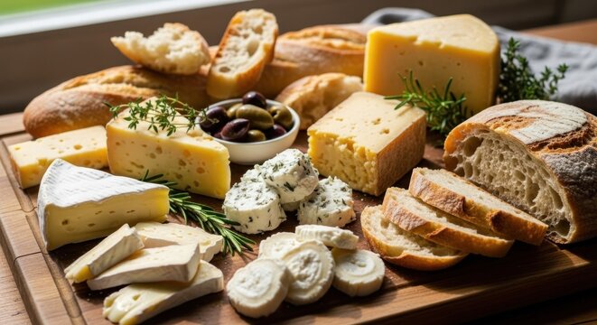 An abundant cheese board with assorted breads, olives, and herbs