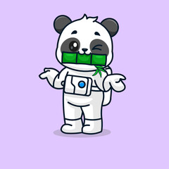 Cute Panda Astronaut Biting Bamboo with Curious Expression Vector Illustration