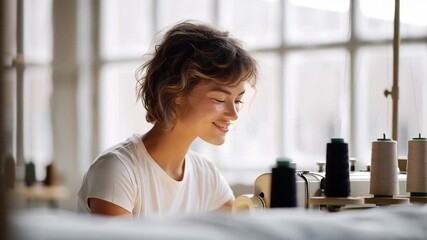 Focused female seamstress works at sewing machine in bright textile workshop, stitching fabric carefully and demonstrating precision craftsmanship and creativity