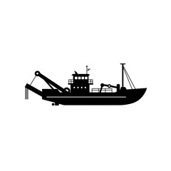 Obraz premium Dredger Vessel Silhouette: Side Profile of a Black Dredging Boat