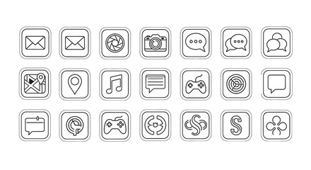 A collection of outlined, square-framed icons representing various digital communication and media functions.