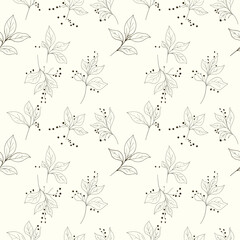 Elegant botanical pattern with hand-drawn leaves and berries, perfect for wallpaper or textile designs, creating a harmonious and nature-inspired aesthetic..