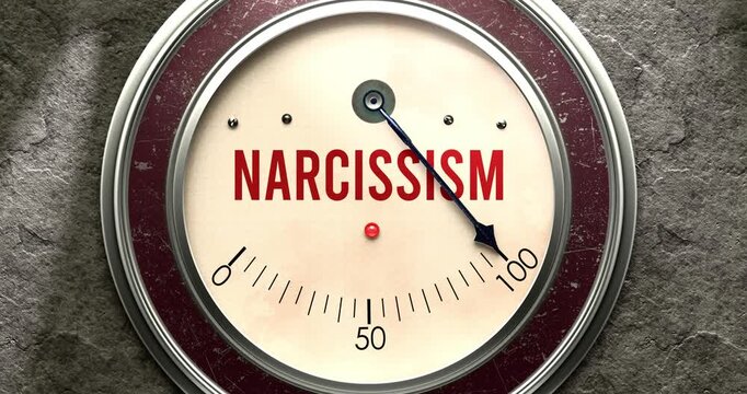 Narcissism  meter that is hitting a full scale, showing rising levels of narcissism, overload of it, too much of it. Maximum value, off the charts.