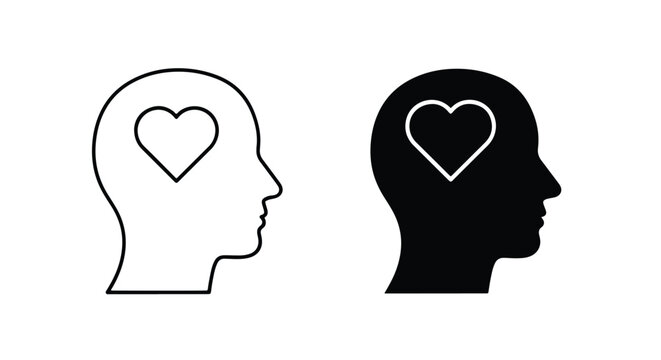 Two silhouette heads with heart inside showing love and emotion - Line and glyph icon and logo - Vector icon symbol for website - Icon vector