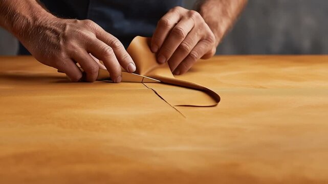 Closeup of skilled hands cutting brown leather on wooden workbench showing precision and craftsmanship during manual leather production process