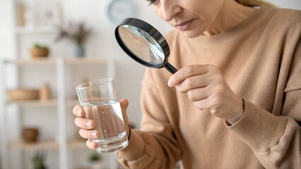 Woman uses magnifying glass to meticulously inspect a clear glass of drinking water, checking for impurities to ensure its quality and safety for home consumption