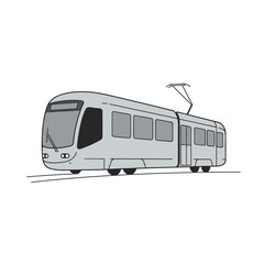 Stylized Gray Tram Illustration with Overhead Power Lines and Minimalist Design