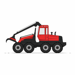 Red and Black Logging Machine with Articulated Arm and Grapple.