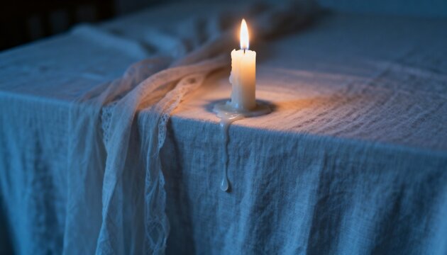 Single lit candle with melting wax on white linen cloth in dim light
