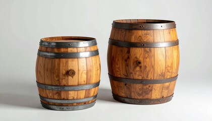 Fototapeta premium Two upright wooden barrels with black metal hoops and polished grain, rustic and traditional against plain background.
