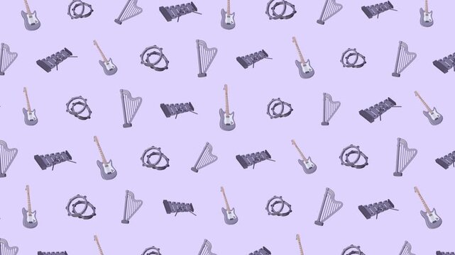 4K Seamless Music Instruments Pattern Animation Looping Background Harp Guitar Tambourine Xylophone