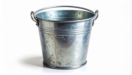 Galvanized metal bucket with dual side handles and horizontal ridges, placed against plain white background, utilitarian and clean.