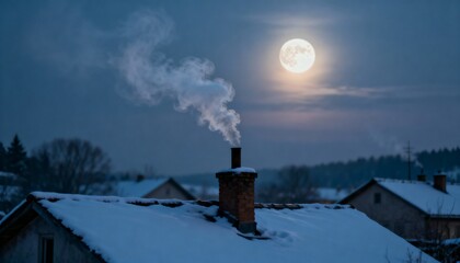 Smoke rising from chimney of snow-covered house under full moon at night