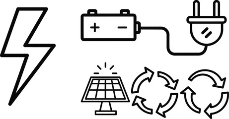 Collection of simple line art icons representing renewable energy sources and power storage solutions