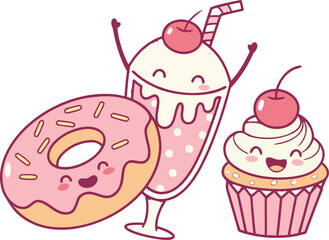 Cute donut cupcake milkshake dessert sweet food kawaii cartoon illustration vector graphic design image vector illustration
