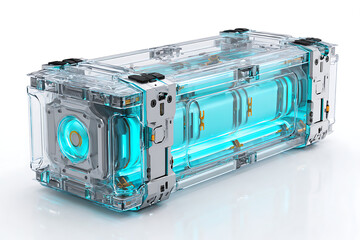 Sleek futuristic transparent container with glowing elements, an innovative design for tech and science, showcasing advanced technology and modern aesthetics, perfect for sci-fi themes