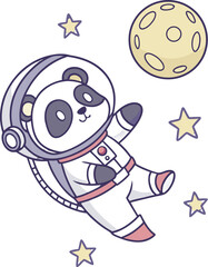 Cute panda astronaut in space with moon and stars cartoon illustration vector art design graphic drawing vector illustration