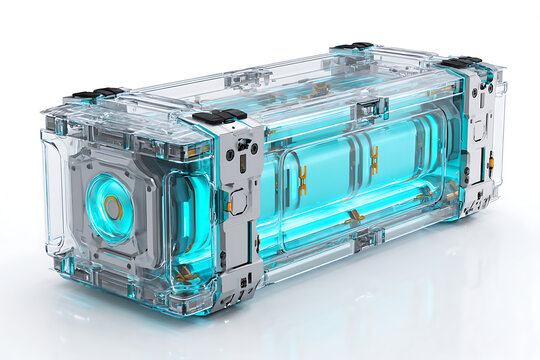 Sleek futuristic transparent container with glowing elements, an innovative design for tech and science, showcasing advanced technology and modern aesthetics, perfect for sci-fi themes