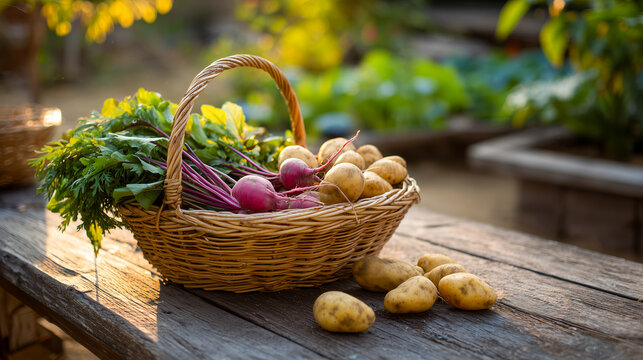 A basket of vegetables including potatoes and beets sits on a wooden table with copyspace
