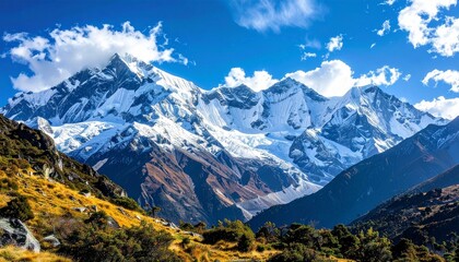 Snow-capped mountain range with grassy foreground under clear blue sky and scattered clouds for editorial nature photography travel design and poetic alpine-themed visuals