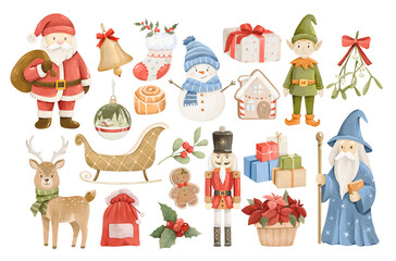 Watercolor festive christmas characters and objects isolatet illustrations