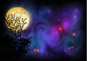 Glowing Full Moon and Swirling Purple Nebula Night Sky with Bare Tree Silhouette