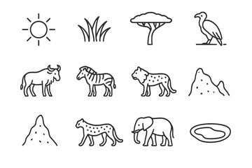Fototapeta premium Savanna Icon Set. Savanna food chain. Line outline icon set of Savanna food chain: sun, grass, acacia tree,