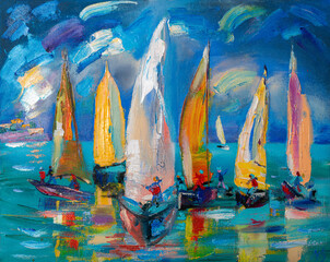 Obraz premium Sailboats on the Sea, Oil Painting
