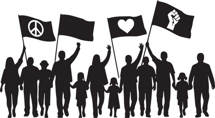 Diverse group holding flags of peace love unity and human rights celebrating freedom and equality