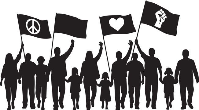 Diverse group holding flags of peace love unity and human rights celebrating freedom and equality