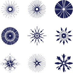 Obraz premium Abstract snowflake icon set with symmetrical starburst and radial geometric patterns in dark blue vector style