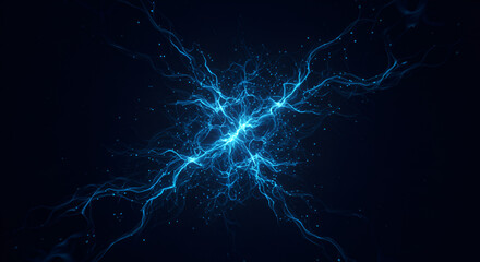 Dynamic blue energy plasma burst with glowing particles radiating from a central bright core, perfect for science and technology concepts.