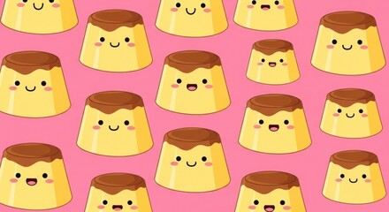 Cute custard puddings with happy faces, arranged on a bright pink background