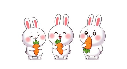 Obraz premium Three happy, fluffy white bunnies holding carrots on a clean white backdrop