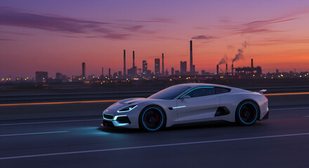 Fototapeta premium Stunning white sports car speeding on highway at dusk with city skyline silhouette and dramatic sunset, luxury lifestyle