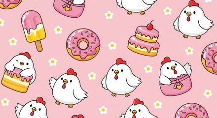 Chickens and treats pattern pink background, ice cream, donut, cake, daisy